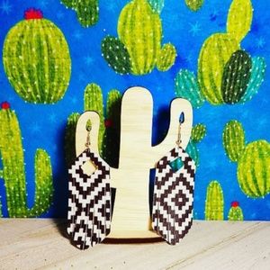 Black and white aztec print fringe earrings
